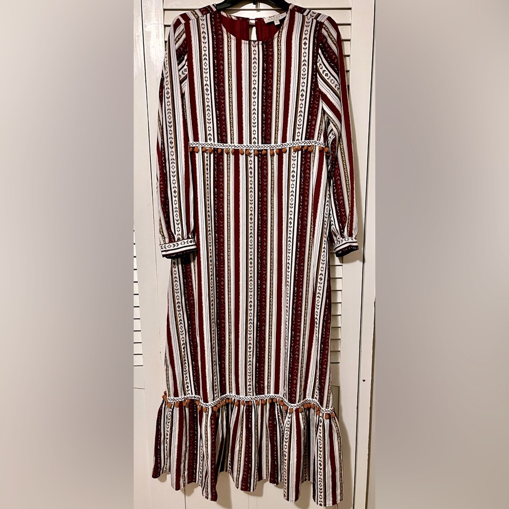 Hayden Los Angeles Women’s Boho Maxi Dress Striped Pom Pom Detail - Small
